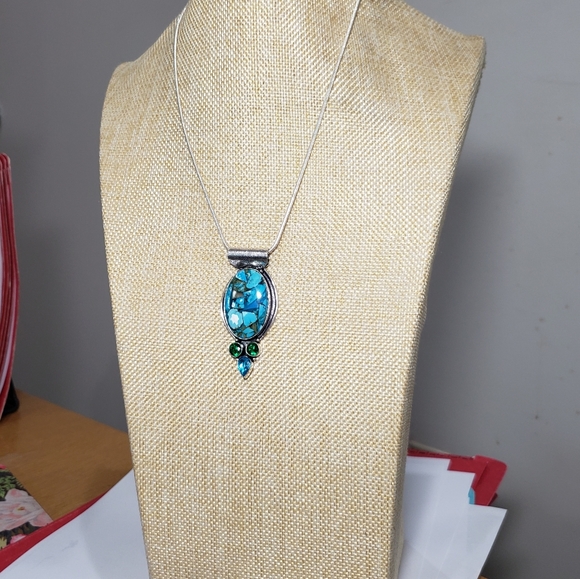 Turquoise necklace, 925 silver copper turquoise diopside chrome pendant necklace - Picture 6 of 13